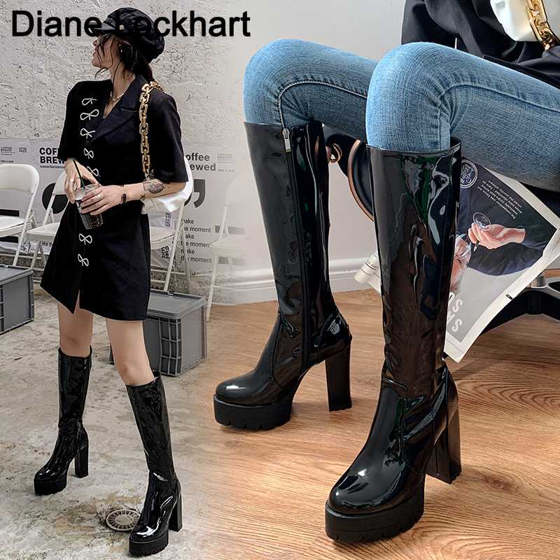 

2021 Hot Sale Spring Autumn Lacing Knee High Boots Women Fashion White Square Heel Woman Leather Shoes Winter PU Large Size 42, Red