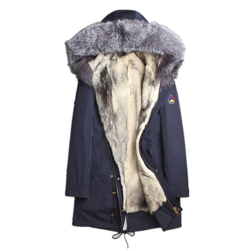 

Men Natural Wolf Fur Coat Real Fur Collar Parka Men Clothes 2020 Long Overcoat Winterjas Heren L18-3001 MY792, Blue