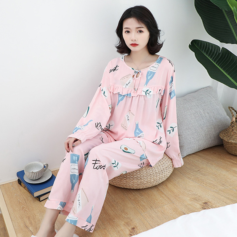 

2020 Women's Summer Pijamas O Neck Long Sleeve Printing Female Nightwear Plus Size Loose With Ruffles Casual Sleepwear Ladies, Beige