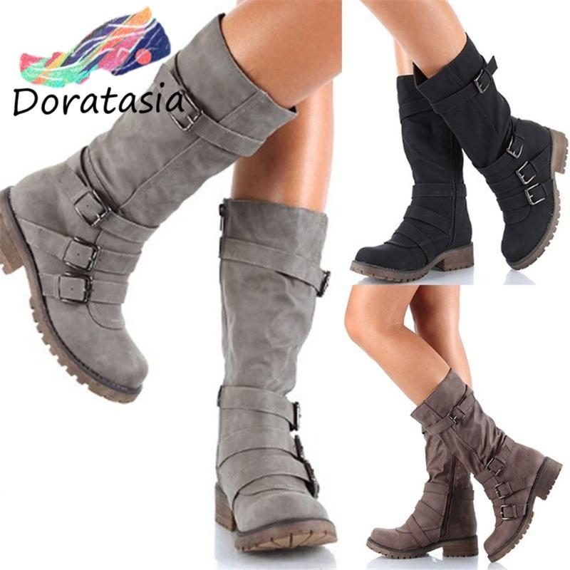 

DORATASIA Classic Women Retro Heeled mid-calf Shoes Low Chunky Heels Boots Women Autumn Pleated Platform Boots, Black