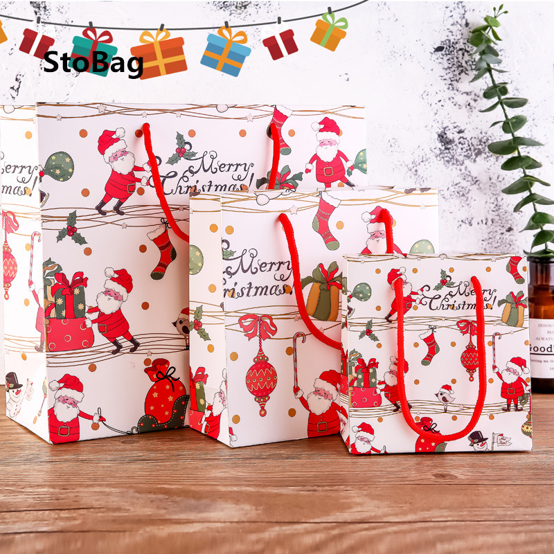

StoBag 10pcs Merry Chrismas Santa Claus Gift Handle Bags Chocolate Candy Package Baby Show Decorating Supplies Bag Handmade