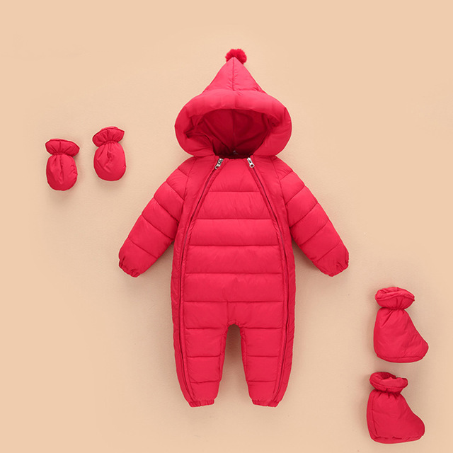 

3Pcs set Winter Infant Overalls and Glove foot cover Newborn Baby Jumpsuit baby Harbin clothing warm snowsuit Toddler Rompers, Pink