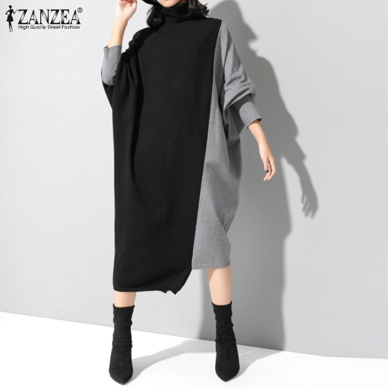 

Fashion Autumn Turtleneck Long Sleeve Baggy Dress ZANZEA Women Sundress Loose Female Work Vestido Long Shirt Patchwork Dresses, Gray