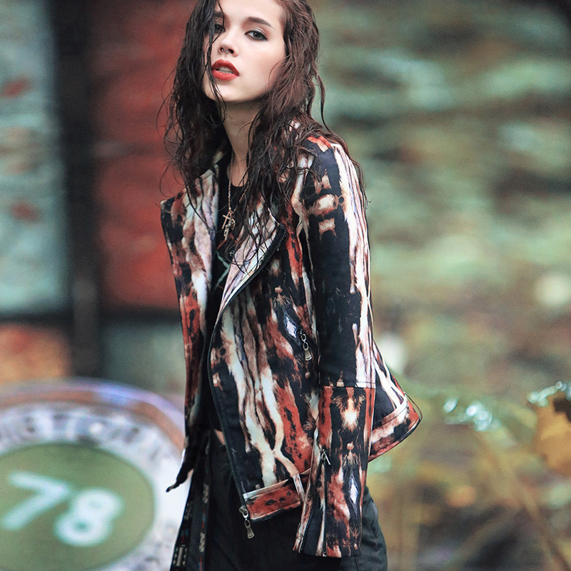 

Autumn New Original Design Vintage&Retro Ethnic Personality Novelty Hippy Slim Motorcycle Jacket Print Short Coats, As picture shown