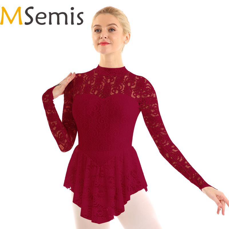 

MSemis Women Adult Elegant Ballet Dancewear Costumes Lace Figure Skating Dress Ballerina unique Dance Gymnastics Leotard Dress, Black
