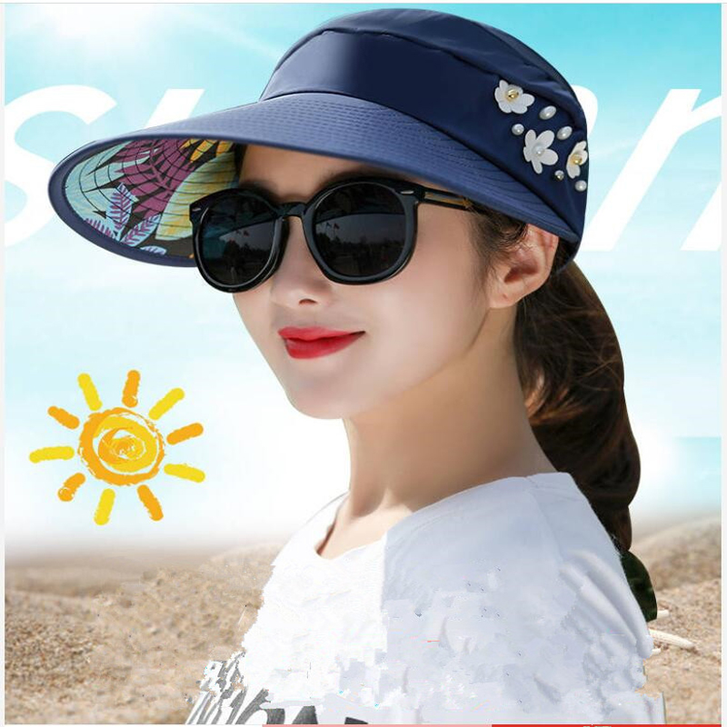

Women Hats 2020 Summer Anti UV Sunshine Foldable Caps Pearl Deco Cotton Brim Purple Beige Pink Black Fishing Beach Hiking Sunhat, Sheer rose red