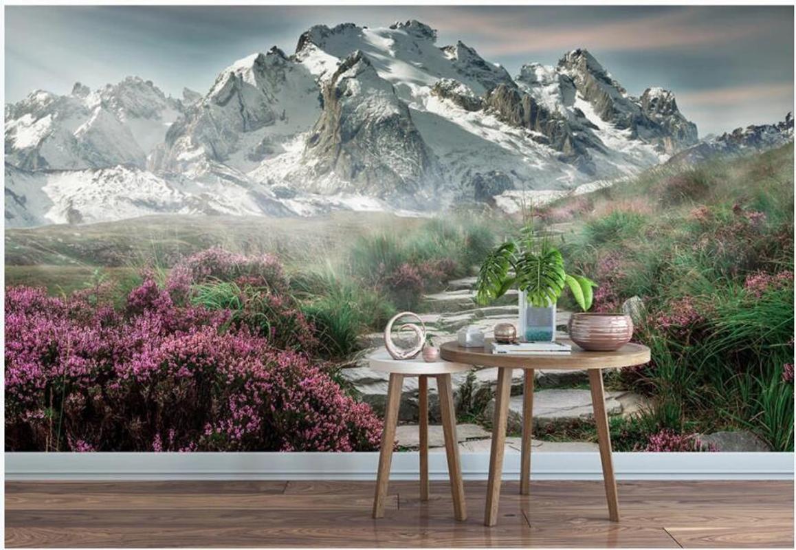 

3d wall murals wallpaper for living room Modern Snow Mountain Wildflower Trail home decor photo wallpaper for walls 3 d, Non-woven