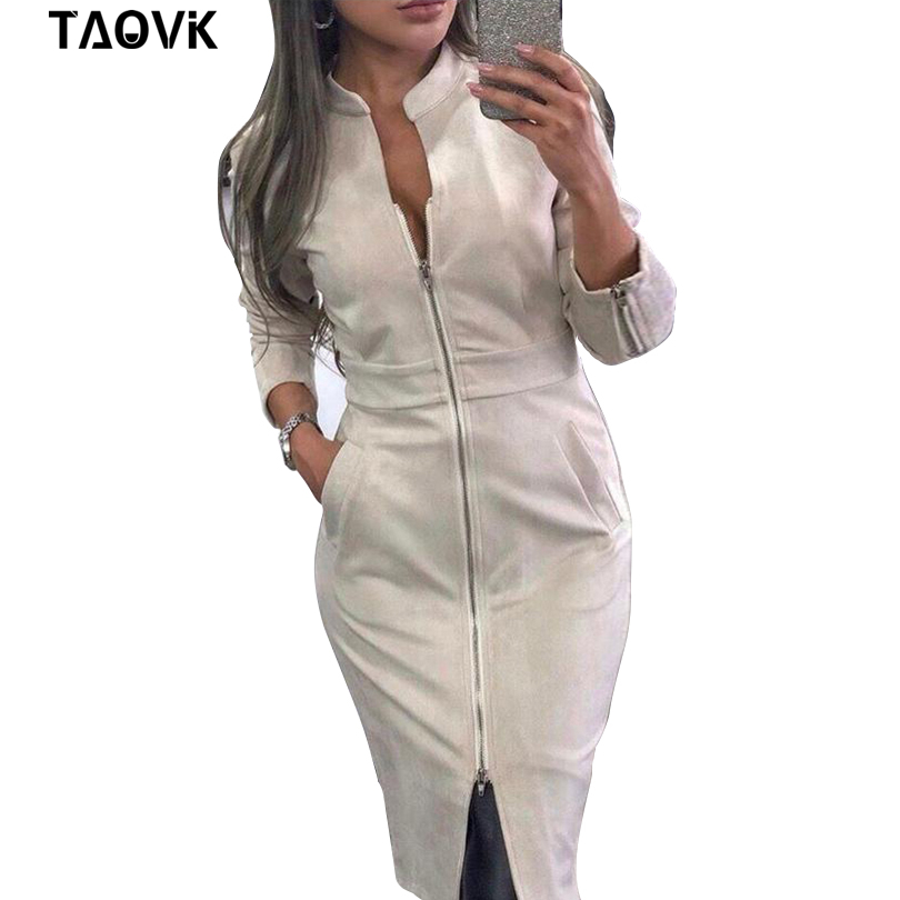 

TAOVK High Street Suede Dress Women Long Sleeve Bodycon Zippers Dress Vintage Stand Collar Office Lady Dresses, Pink