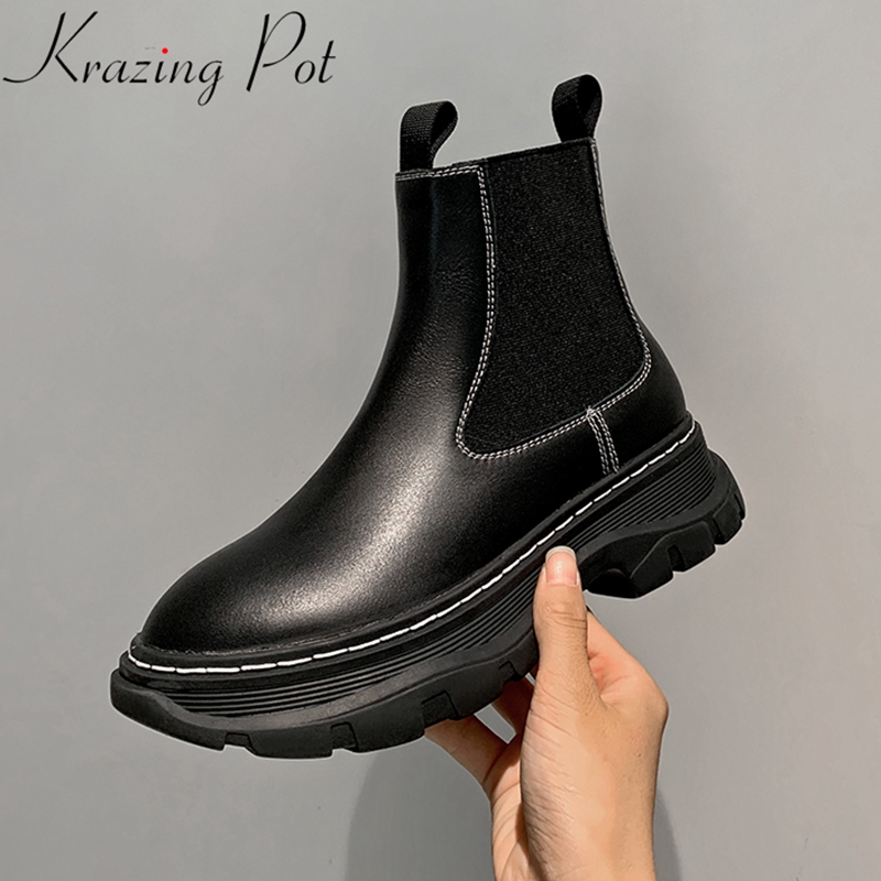 

Krazing Pot fashion cow leather round toe high heels thick bottom sewing basic winter shoes dress lady casual ankle boots L1f2, White