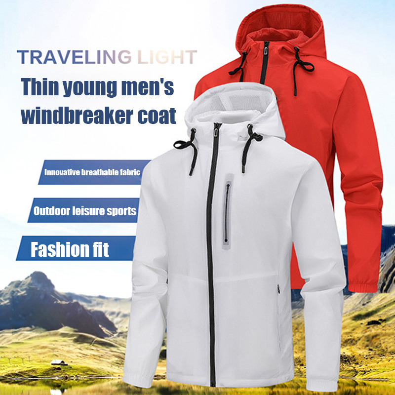 

Men Hooded Letter Thin Windbreaker Jacket Youth Slim Large Size Zippered Jacket THJ99, Black