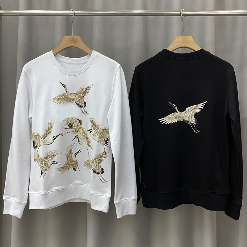 

20SS Mens Crane Print Crewneck Sweatshirt Street High Quality Men Women Pullover Hoodies Autumn Winter Warm Outwear Size S-XL, White