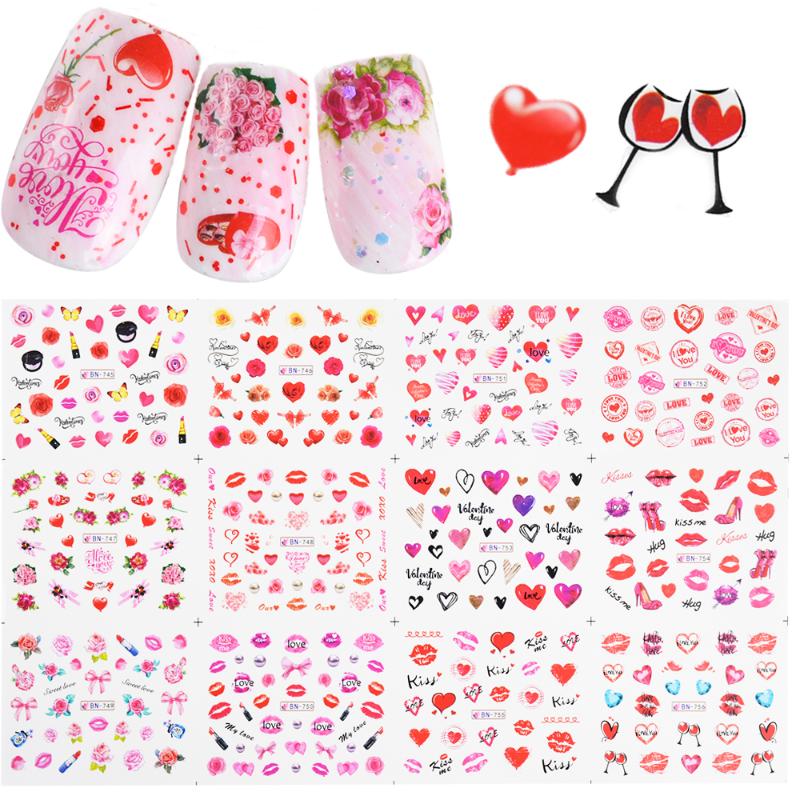 

12 Design Valentine Nail Sticker Water Transfer Decal Watermark Slider Rose Lipstick Balloon Nail Art Tattoo Tip LABN745-756-1, Bn1489-1500