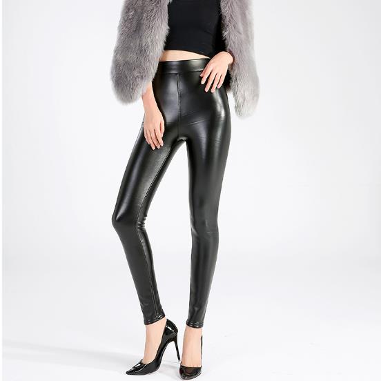 

Capri Women Pants 2020 Thicken Winter Black PU Leather women pants high waist elastic fleece stretch Slim pencil J231, Single layer