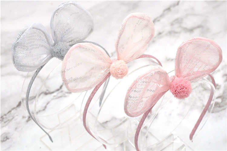 

12Pcs ins Fashion Gauze Pom Pom Bow Hairbands Sequin Animal Ears Bowknot Hair Sticks Princess Headwear Boutique Hair Accessories, Gray