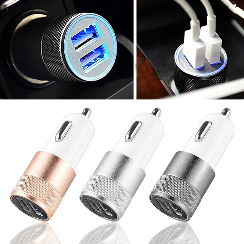 

Universal 1.0A 2.1A Dual USB Car Charger Adapter Intelligent Charging Metal Alloy Shell With led Light For iPhone Mobile Phone Car-Chargers