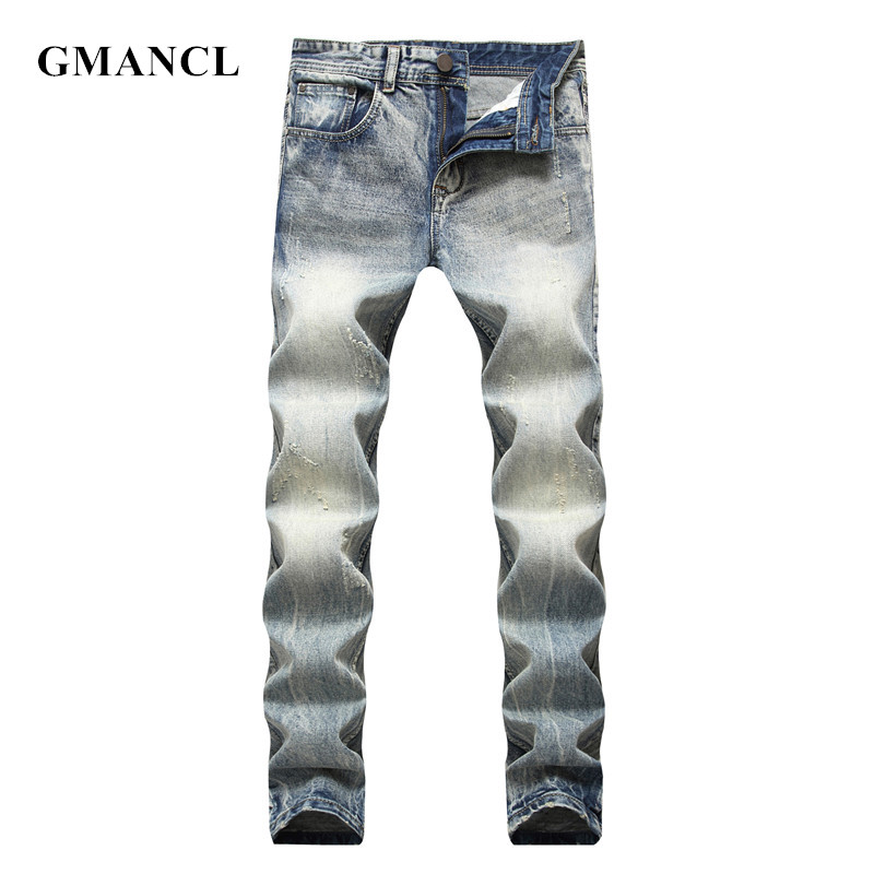 

GMANCL Vintage Men New Fashion Straight Motorcycle Denim Pants Streetwear Hip Hop Solid Cotton High Quality Men Jeans Plus Size, B5018 blue