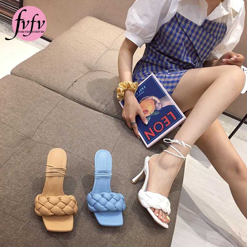 

FVFV]Women High Heels Sandals Ladies High Heel Slippers Square Toe Thin Heel Fashion Female Slides Summer Shoes Large size 41, Beige