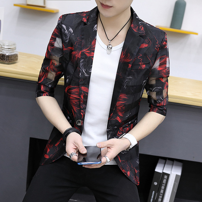 

2020 fashion Korean summer small suit handsome self-cultivation suit new print seven-point sleeves on the clothes tide, White