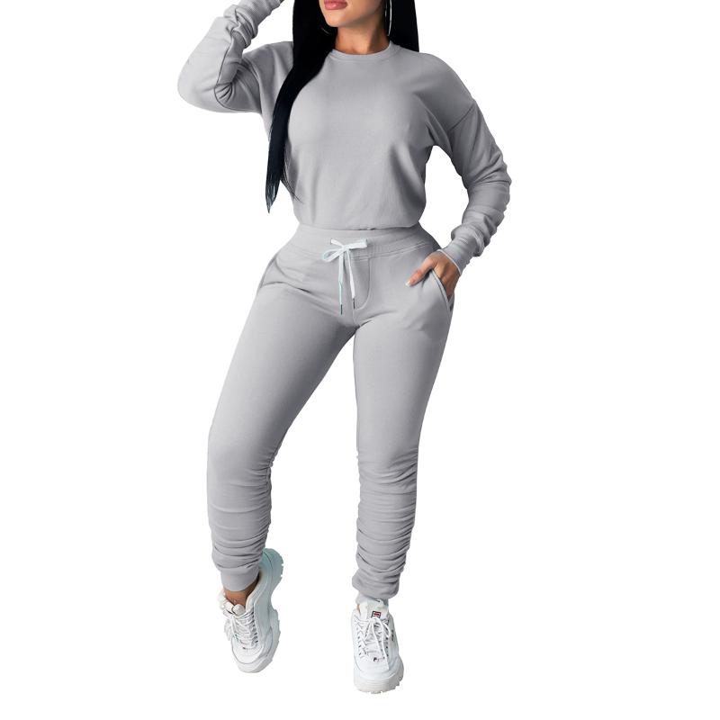 

Women 2 Piece Set Sportwear Long Sleeve Solid Color Sweatshirt + High Waist Pants Yoga Set Loungewear Matching Sets Tracksuit, As photo shows