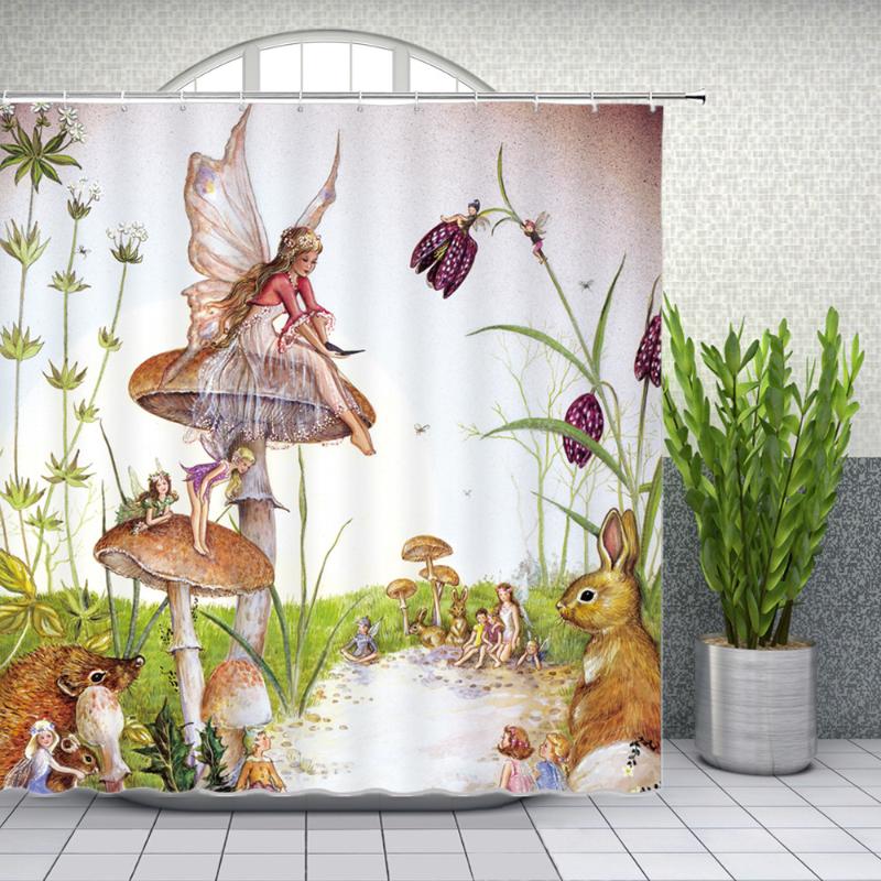 

Cartoons Shower Curtains Flower Fairy Beautiful Wing Girl Animal Bathroom Decor Home Bathtub Waterproof Polyester