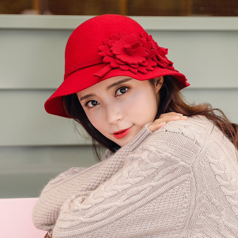 

Elegant Women Round Bowler Cap Imitation Wool Bowknot Fedoras Cotton Cloche Bucket Hat Vintage Brim Chapeu Feminino M81, Red