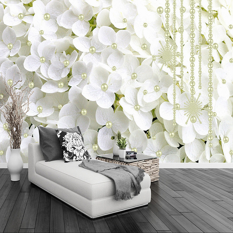 

Modern Abstract White Pearl Jewelry Flowers 3D Stereo Mural Wallpaper Living Room Bedroom Backdrop Art Wall Papers For Walls 3 D, Silk cloth