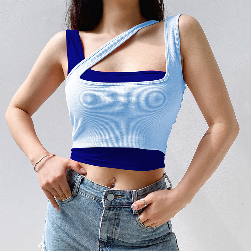 

Women' Fake Two-piece Vest Summer Fashion Sexy Irregular Hollow Out Slim Fit Tank Tops, Black