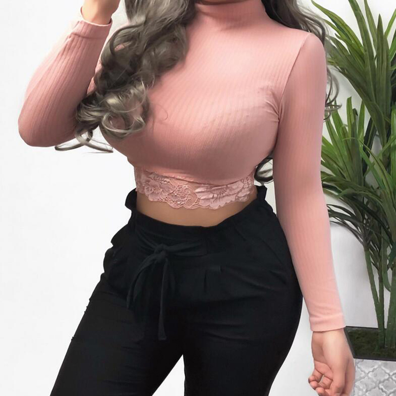 

Fashion Crop Long Sleeve Tshir Sexy Women Slim T-shirt Twomen Casual Solid Turtleneck Short Tops Autumn Lace Patchwork Tee Top, Army green