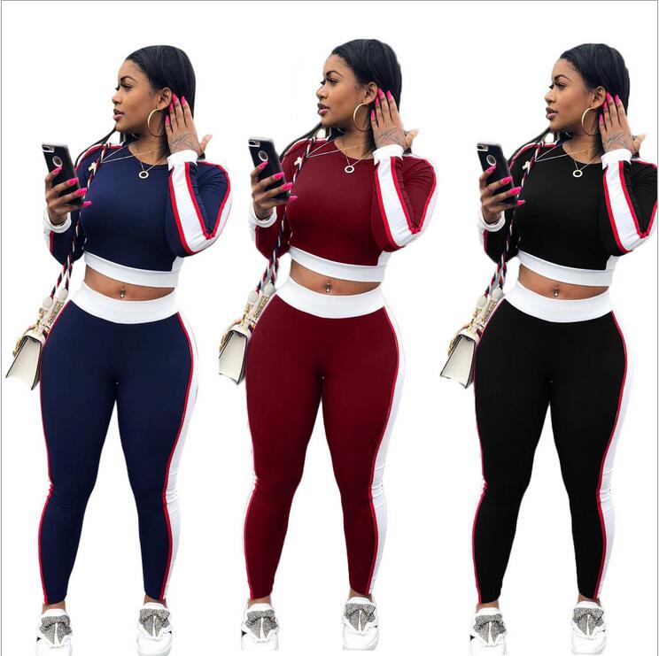 

2Pcs Lovely Leisure Round Neck Patchwork Stripe splicing Two-piece Pants Set Women Ladies Tracksuit Hoodies Sweatshirt Crop Tops+Pants, White