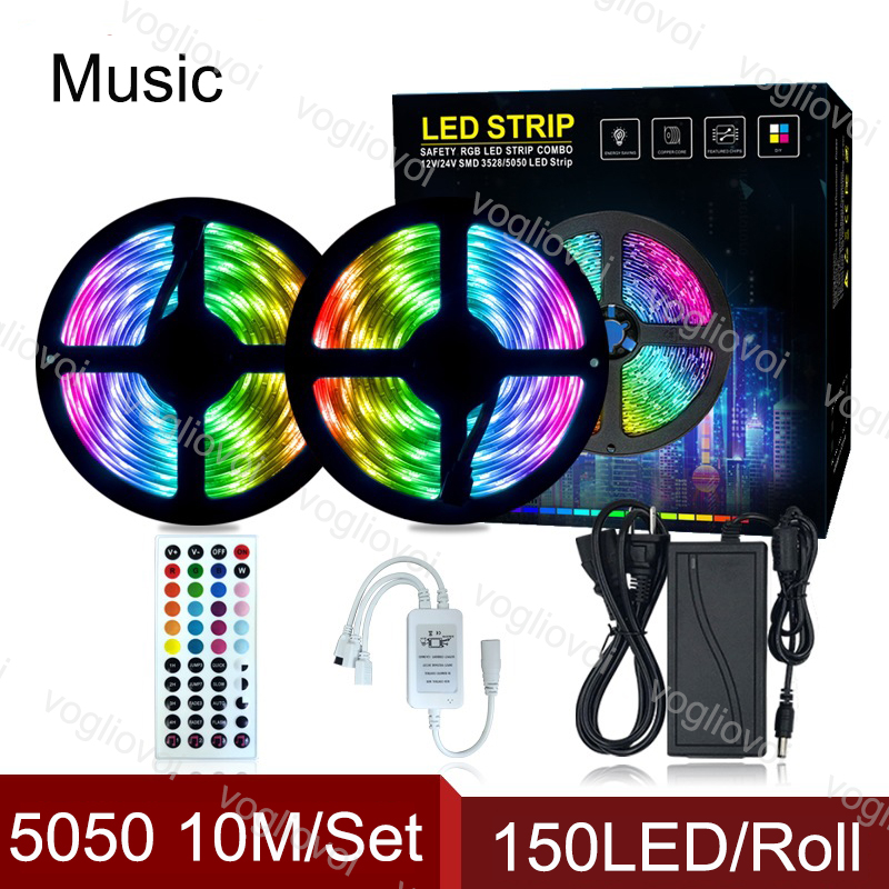 

Led Light Strip Music 10M SMD5050 150Leds/Roll DC12V Waterproof Multicolor 44keys 110-240V 5A Adapter For Courtyard KTV Plaza DHL