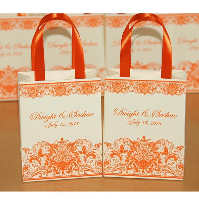

Orange Wedding Gift bags for small souvenirs Personalized Bag with satin ribbon print lace and your names, Wedding for guests
