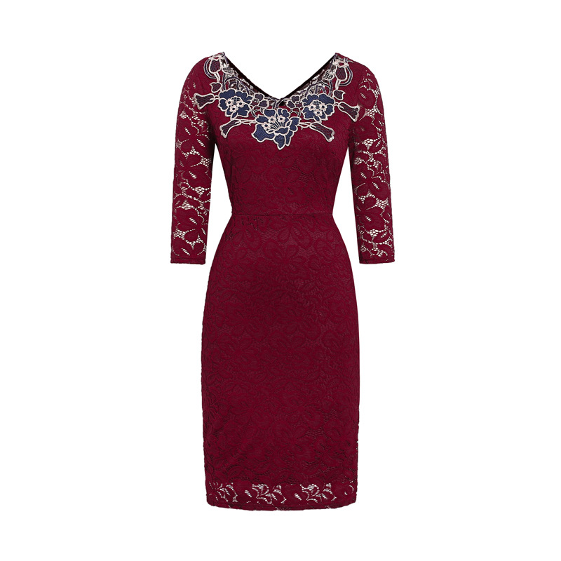 

Elegant Women ' Long-Sleeved Applique Crew Neck Pencil Skirt Dress, As pic