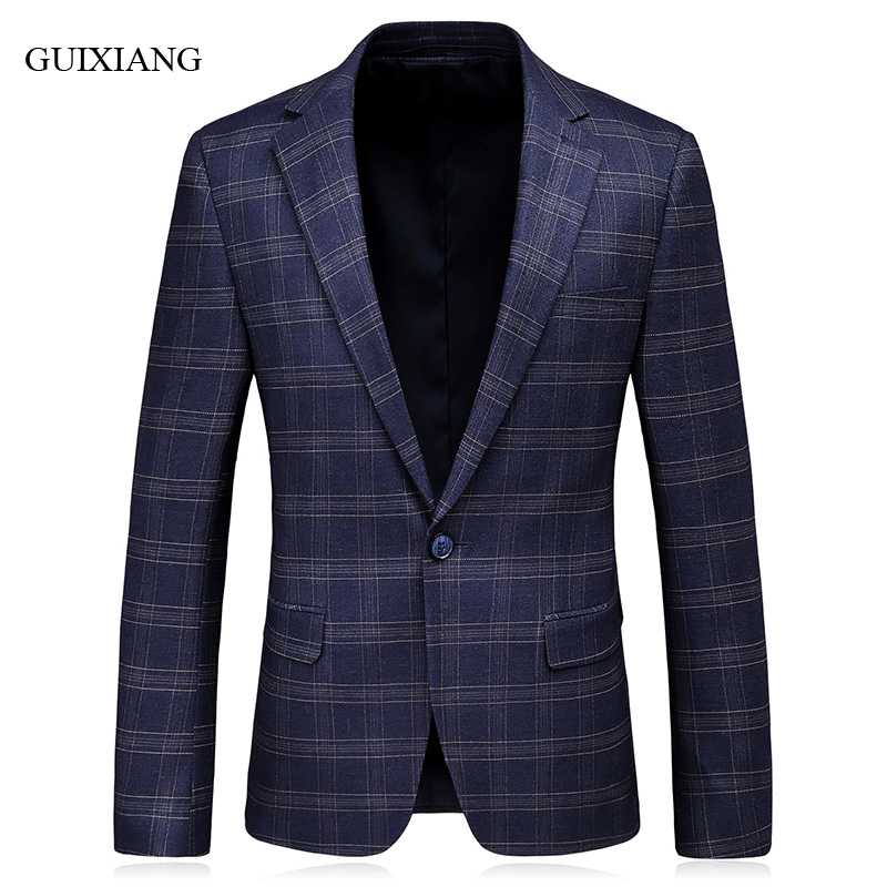 

New Arrival spring and autumn style men blazer high quality business casual slim plaid one single breasted men suit jacket -3XL, Blue