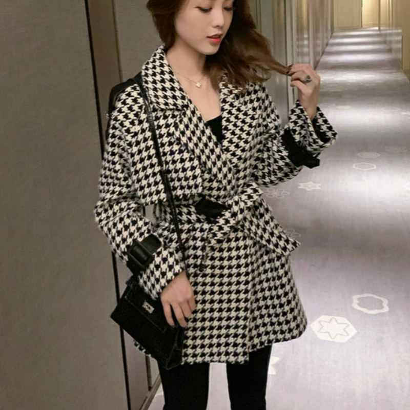 

Woman Houndstooth Woolen Coat Female Plaid Jacket Women Coats, Black