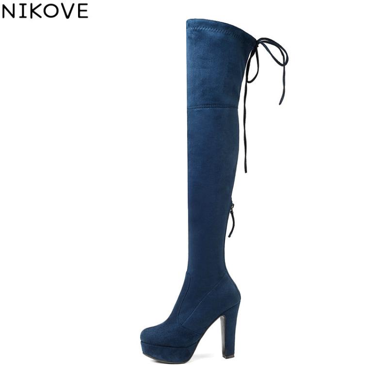 

NIKOVE 2020 Women Boots Platform Over The Knee Boots Stretch Fabrics Round Toe High Heels Autumn Shoes Ladies Size 34-43, Dark gray