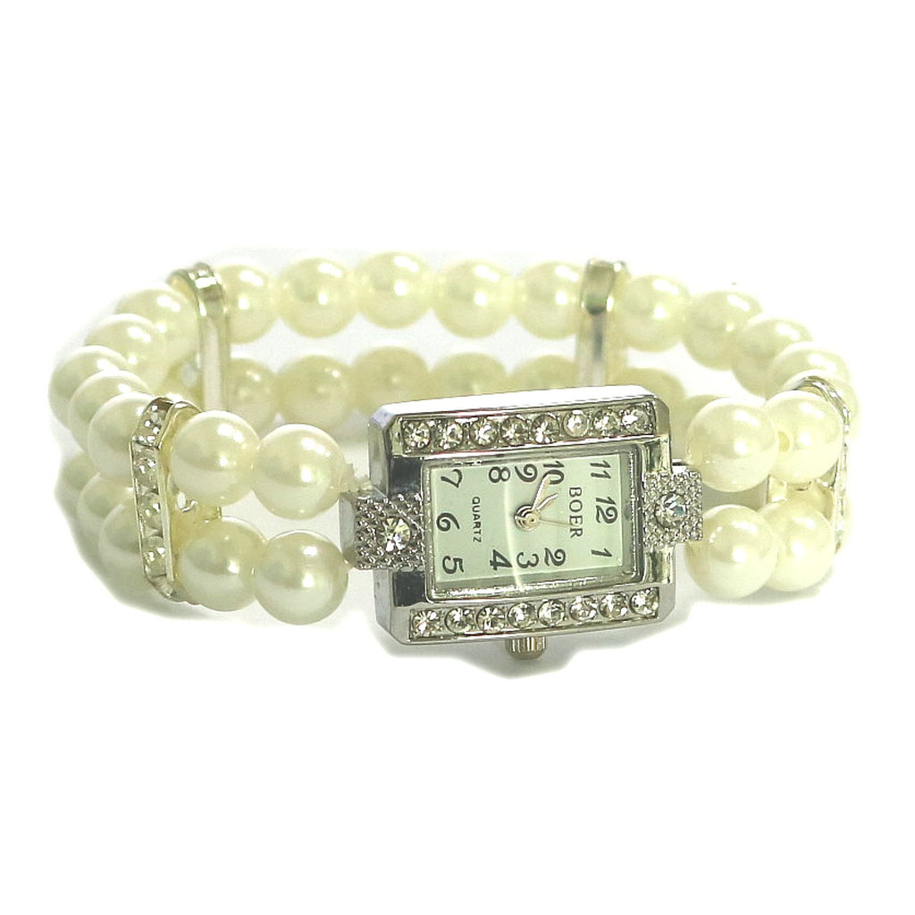 

1PCS Hot Fashion Casual Women Watch Pearl String Strap Quartz Wrist Rhinestone Bracelet Square Watch models Female Clock Ladies, Black