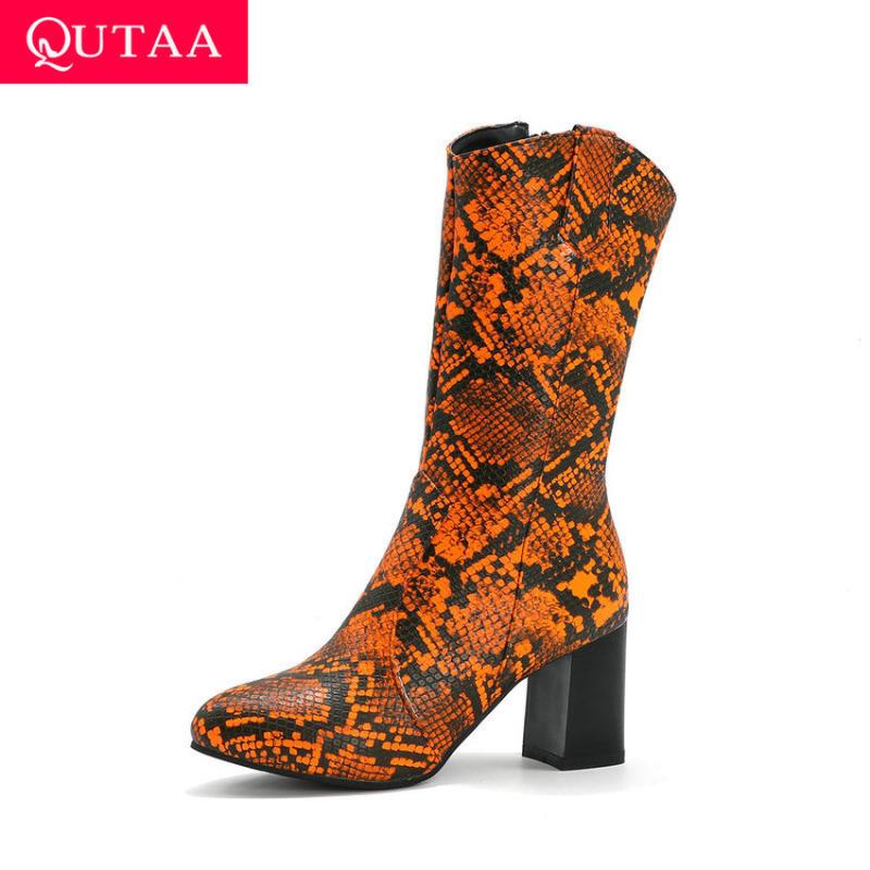 

QUTAA 2021 Snakeskin PU Leather Women Shoes Square High Heel Fashion Mid Calf Boots Autumn Winter Zipper Ladies Pumps Size 34-39, Black