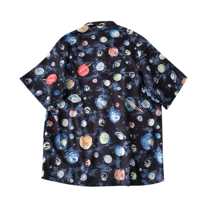 

Women Retro Cartoon Planet Printed Shirt Summer Short-sleeved Lapel Women Blouse 2020 Loose Casual Tops