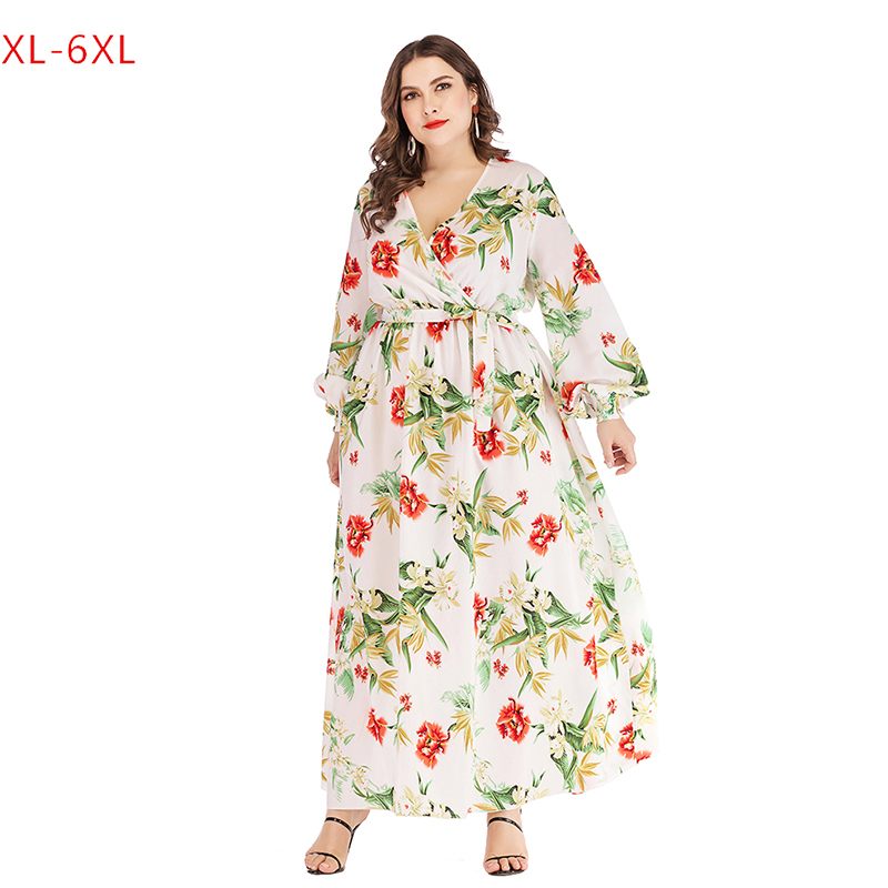 

2020 New Europe and America leisure large V-neck print lace up bubble sleeve swing dress -6XL, Brown