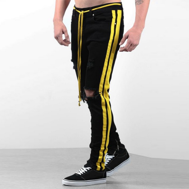 

Men Slim Fit Knee Hole Hip Hop Skinny Jeans Fashion Side White Stripe Distressed Ripped Stretch Streetwear Denim Trousers, Color 1