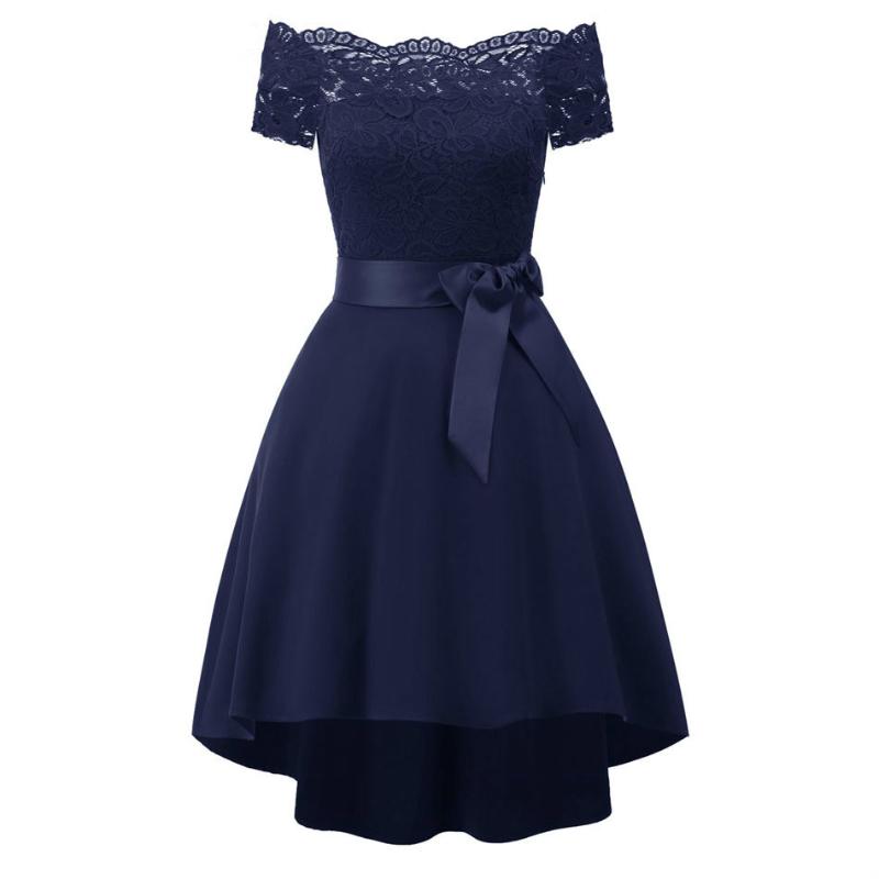 

Slash Neck Short Sleeve Belt Vintage Dress Women 2020 Party Ceremony Hi Lo Lace Swing Wedding Bridesmaid Party Summer Dresses, Black