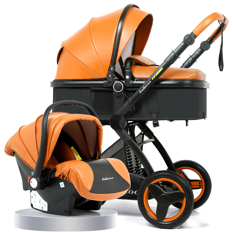 

PU Leather 3in1 Baby Stroller Basket High Landscape Can Sit Reclining Fold Stroller Four Seasons Universal Baby Car Seat