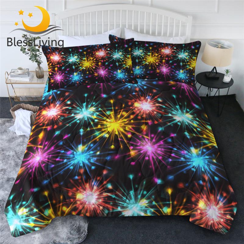 

BlessLiving Fireworks Summer Quilt Girls Air-conditioning Duvet Neon Colorful Bed Cover Tiwn Queen Festive Home Textile 3pcs, 001