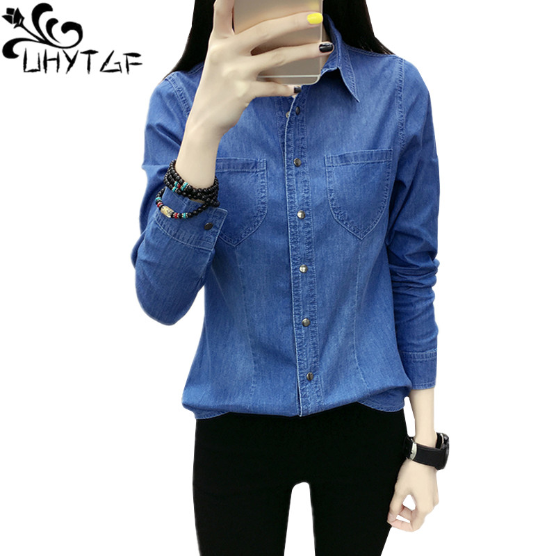 

UHYTGF Spring autumn denim shirt women long sleeve cotton Vintage Blue Blouse Jeans Female elegant basic coat 3XL plus size 1073, Navy blue