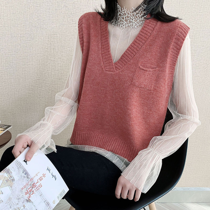

Small pocket v-neck knitted vest women loose sleeveless waistcoat sweater outer wear base pullover, Beige
