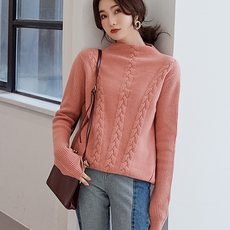 

New Autumn Winter 100% Cashmere Sweater Women Half-high Collar Thickened Pullover Loose Sweater Large Size Knitted Wool Shirt, Jujube red