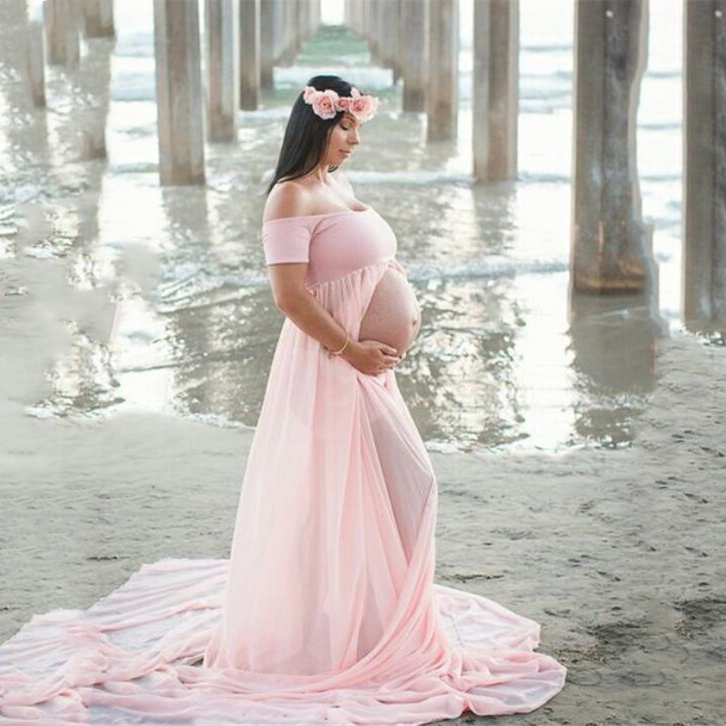 

Maternity Photography Boat Neck Dress Pregnant Off Shoulder Short Sleeve Stretch Cotton Chiffon Patchwork Dress(Pink,M