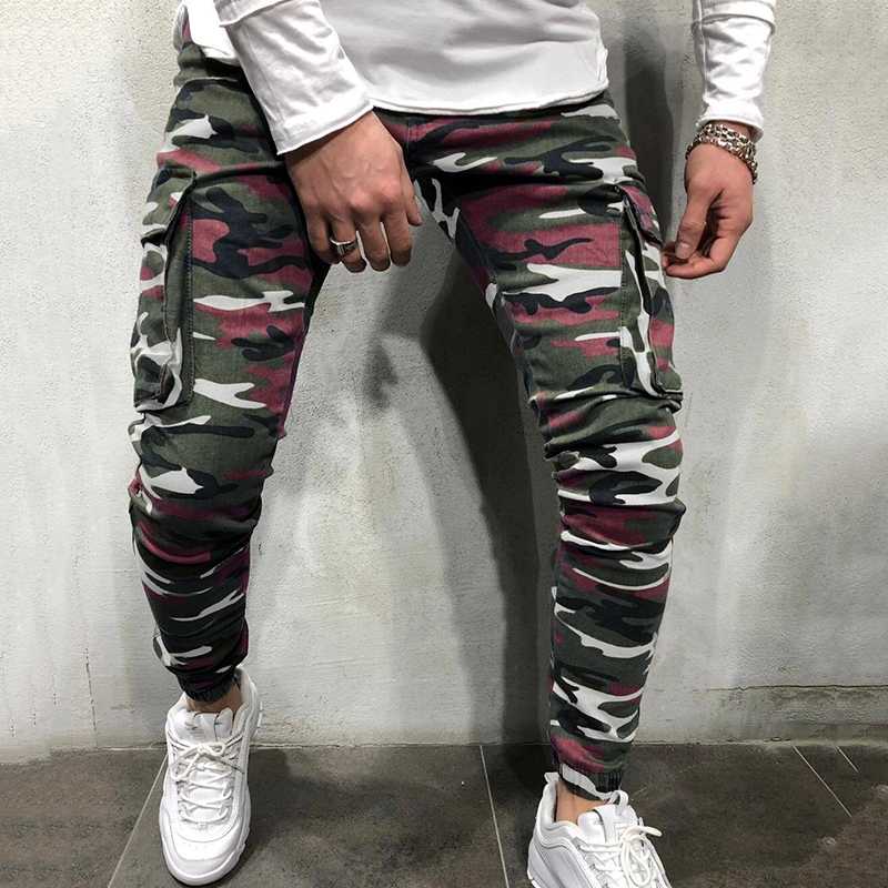 

Men multi-pocket stretch jeans European and American camouflage tooling elastic foot jeans new