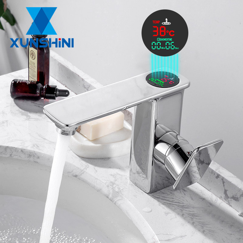 

XUNSHINI Bathroom Led Digital Basin Faucet Water Power Brass Sink Taps Chrome Plated Temperate Display Faucet HT-815050