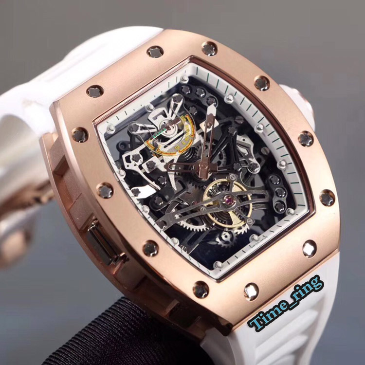 

High version RM 38-01 Watches Skeleton Dial Rose Gold Steel Case Japan Miyota Automatic Movement White Rubber Strap Mens Watch, Slivery;brown